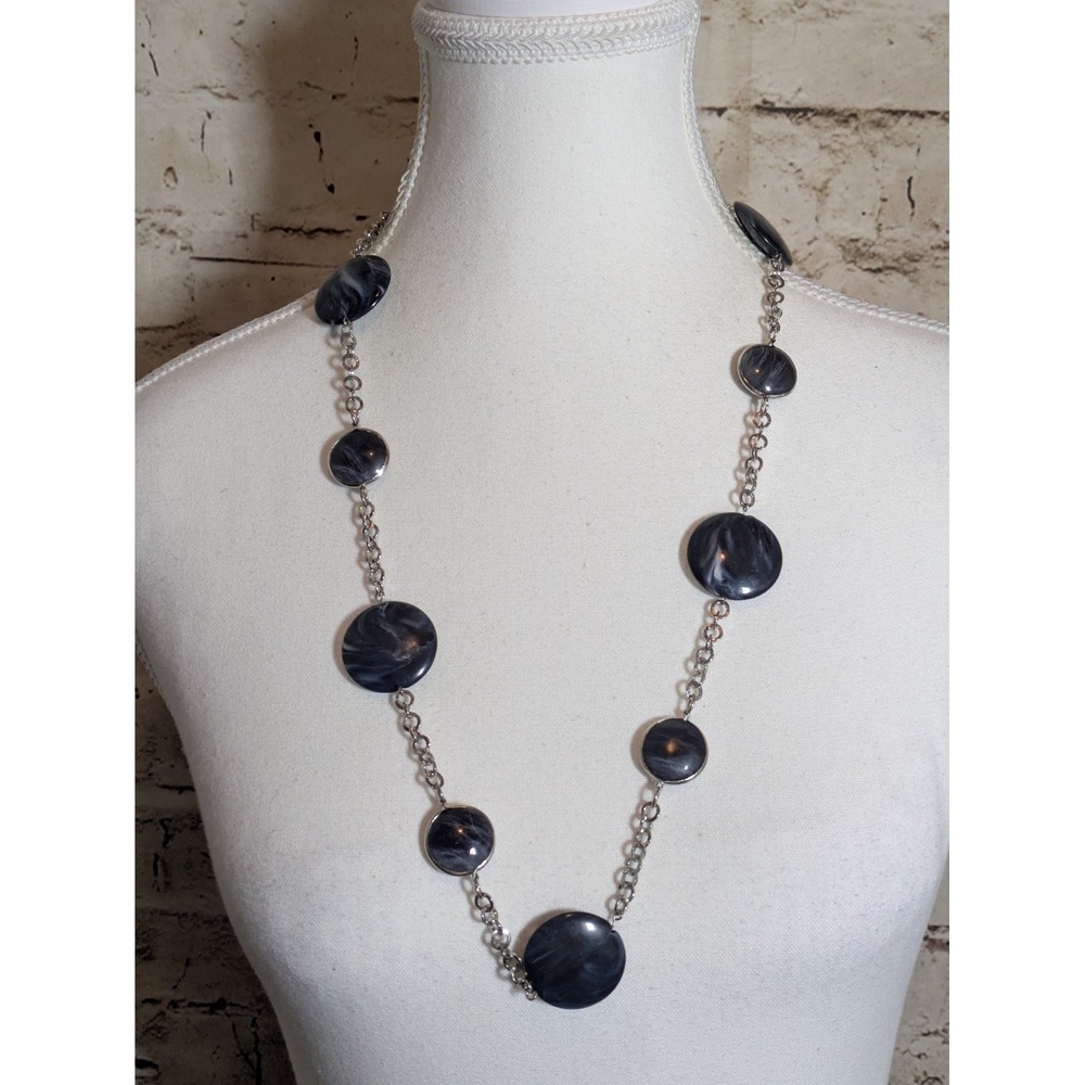 Silver Tone Station Necklace With Midnight Blue Marbled Beads Artsy 26" Long
